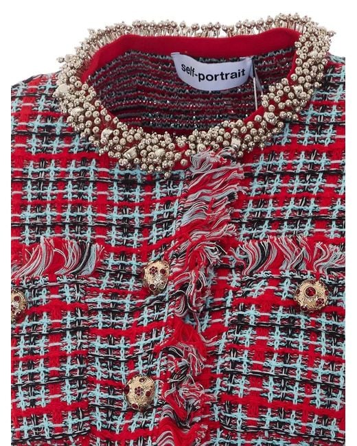 Self-Portrait Red Checked Frayed Knit Jacket