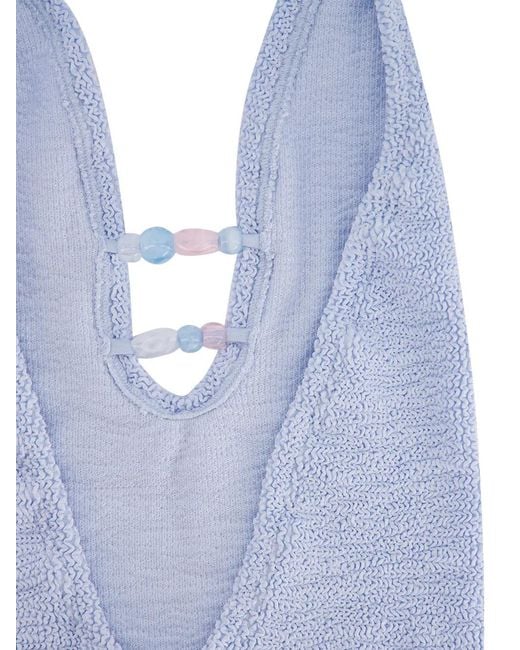 Hunza G Blue Adriana Beaded Crinkle Swimsuit