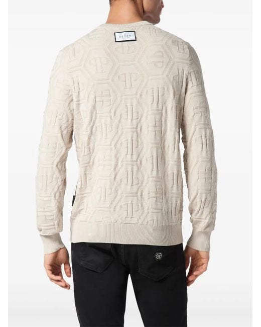 Philipp Plein Natural Jacquard Silk Wool Pullover Round Neck Ls Monogram for men