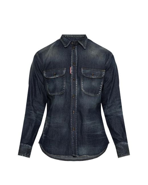 DSquared² Blue Faded Leather-Patch Denim Shirt for men