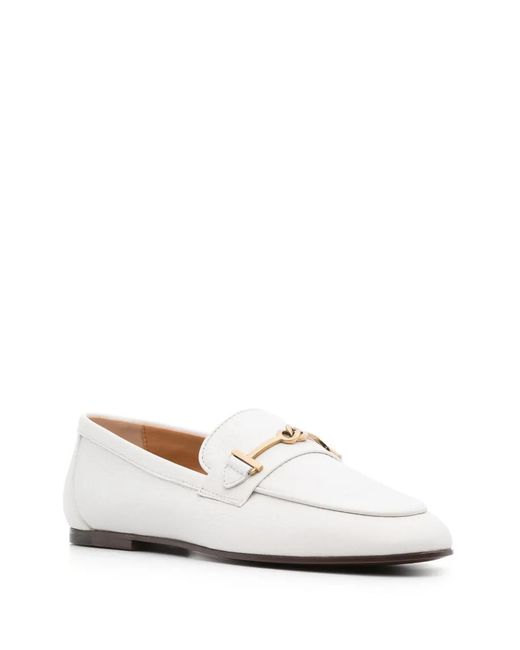 Tod's White Grained Leather Loafers With Metal T Ring Accessory Shoes