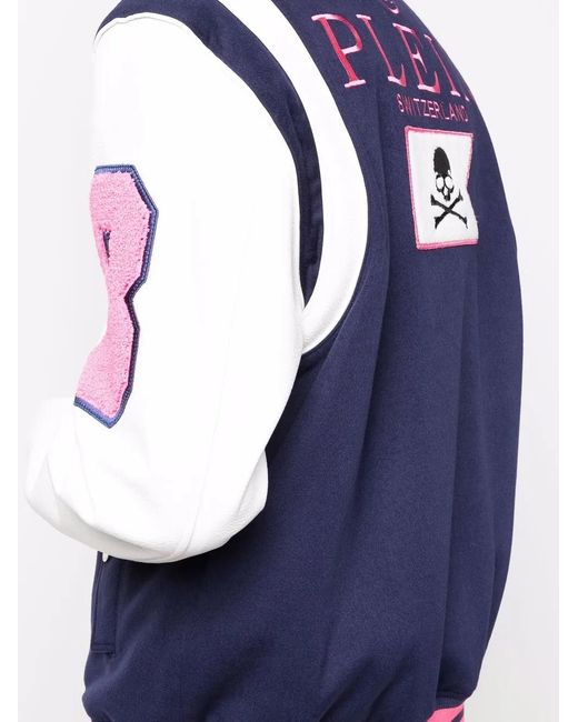 Philipp Plein Blue Embroidered-Logo Varsity Jacket for men