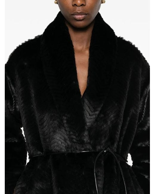 Forte_forte Black Chevron-Patterned Belted Coat