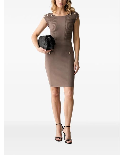 Guess Brown Button-Detail Ribbed-Knit Mini Dress