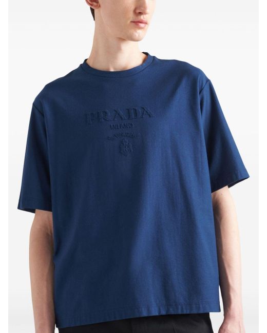 Prada Katoenen T-shirt Met Logopatch in het Blue voor heren
