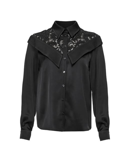 Nissa Black Satin Viscose Lace-Insert Shirt