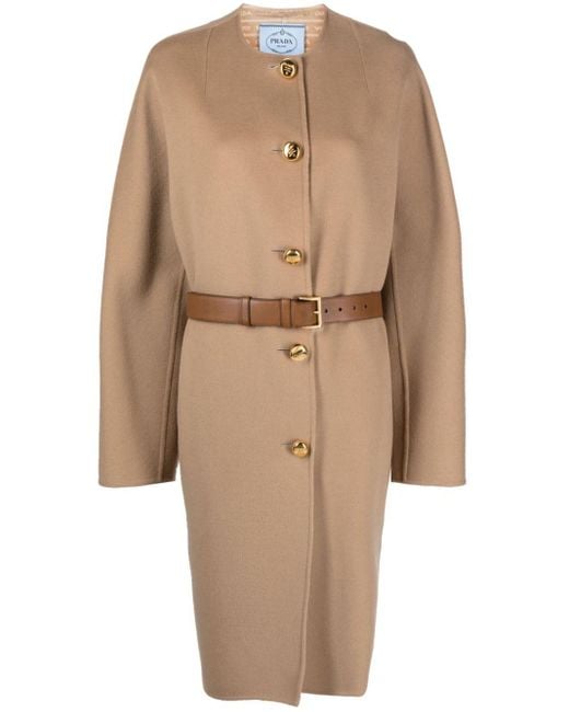 Manteau ceinturé à simple boutonnage Prada en coloris Natural
