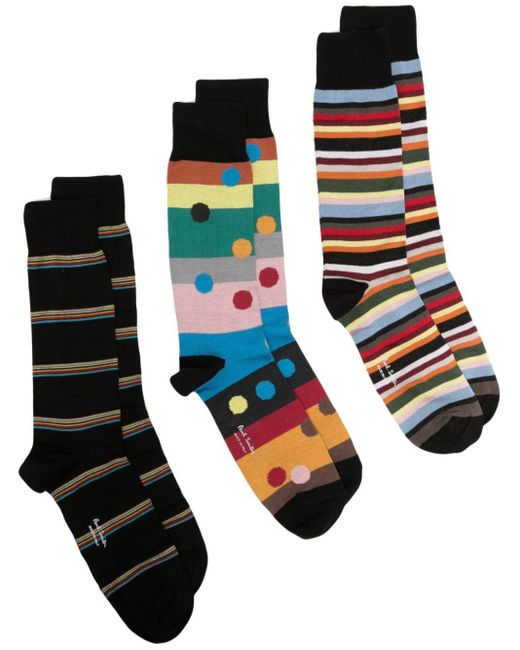 Paul Smith Black Patterned Calf-length Socks (pack Of Three) for men