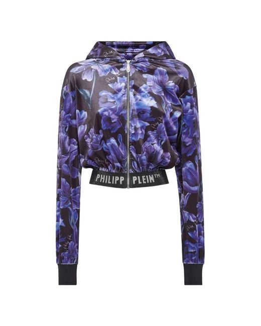 Philipp Plein Blue Floral-Print Cropped Hoodie