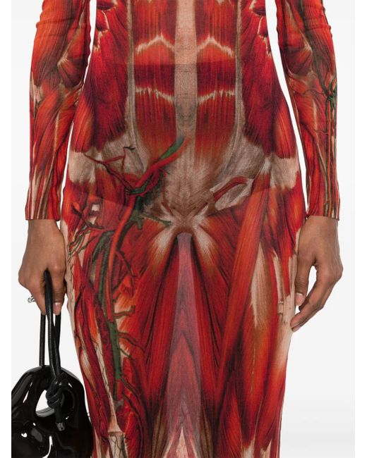 Jean Paul Gaultier Maxi Mesh -jurk Met Ecorché -print in het Red