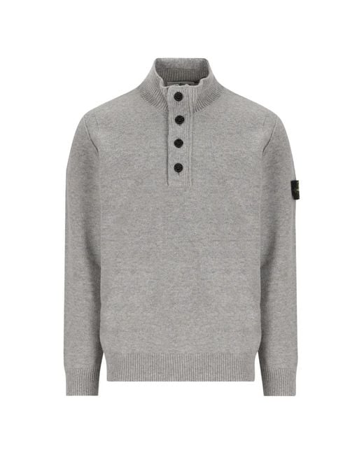 Stone Island Gray Button-Up High-Neck Sweater for men