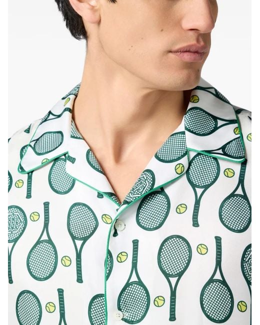 Philipp Plein White Silk Bowling Shirt Tennis for men