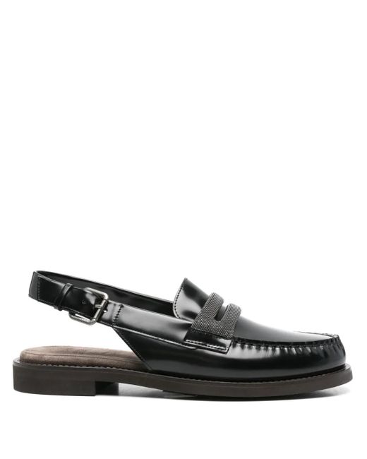 Brunello Cucinelli Black Leather Slingback Loafers