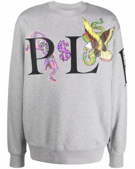 Philipp Plein Gray Graphic-Print Cotton Sweatshirt for men