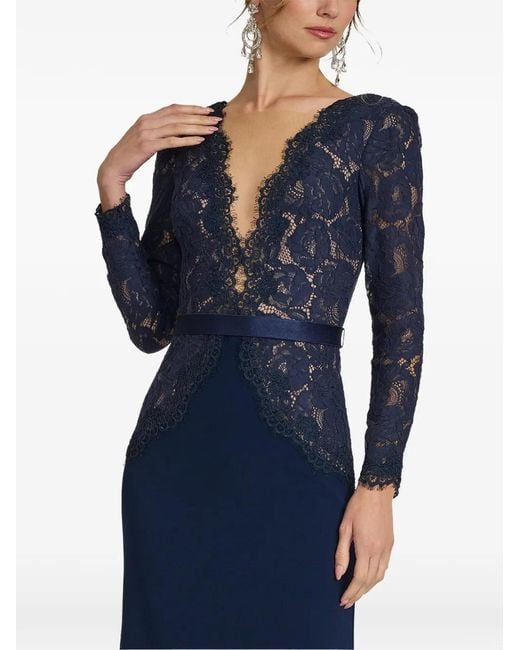 Tadashi Shoji Blue Corwin Lace-Panelled Belted Maxi Dress