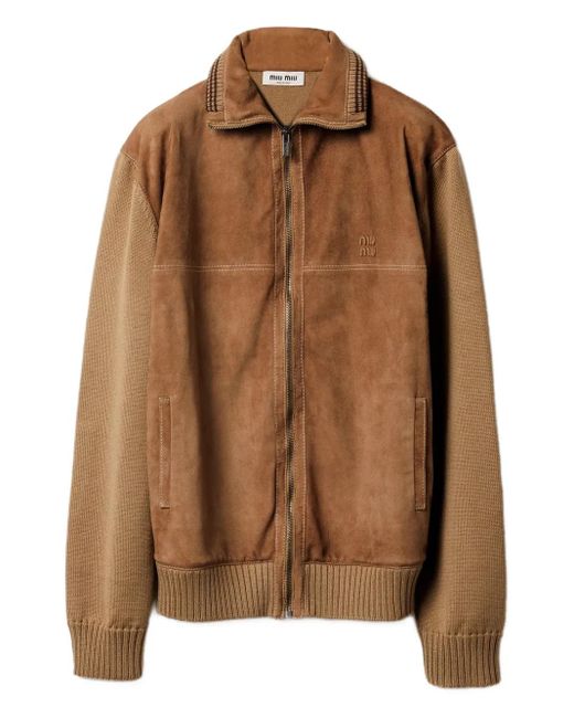 Miu Miu Brown Gerippter Cardigan Mit Wildledereinsatz