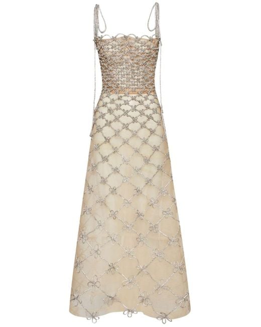 Oscar de la Renta Natural Crystal-grid Midi Dress
