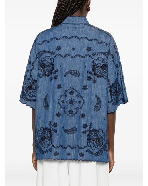 Zimmermann Blue Aster Paisley-embroidered Scalloped Blouse