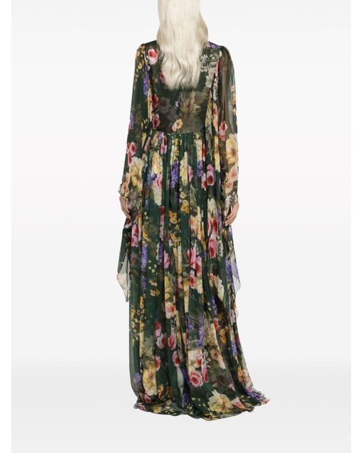 Dolce & Gabbana Green Floral-print Silk Maxi Dress