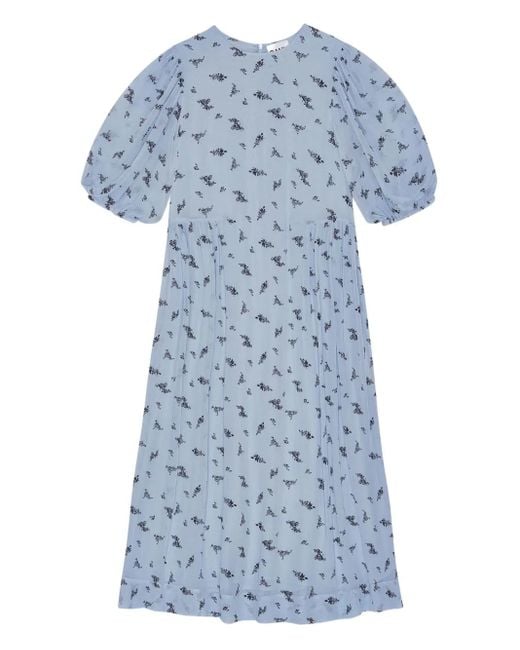 Ganni Jurk Met Pofmouwen En Bloemen in het Blue