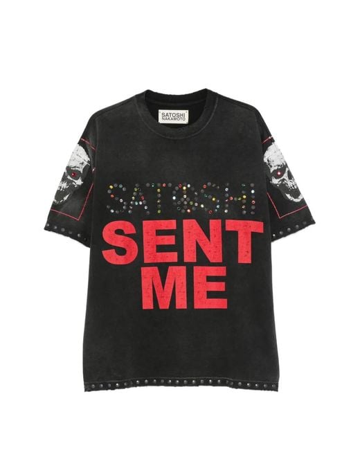 Satoshi Nakamoto Black Stud-Embellished Skull-Print T-Shirt for men