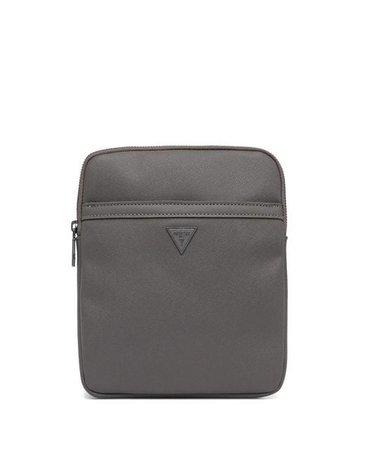 Guess Gray Logo-Plaque Cross-Hatch Messenger Bag for men