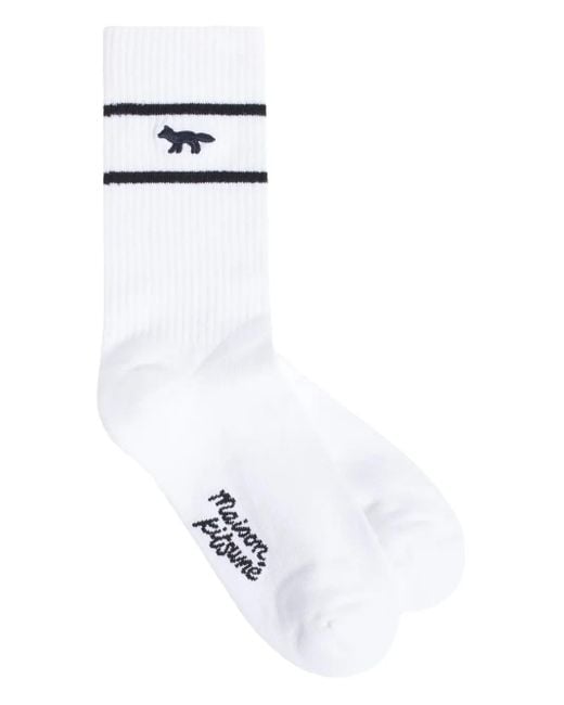 Maison Kitsuné White Gestreifte Socken Mit Fuchsstickerei