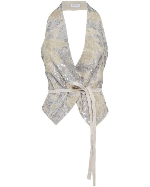 Brunello Cucinelli White Sequin-Embellished Linen Blouse