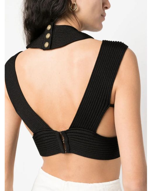 Balmain Black Cut-Out Ribbed Cropped Top