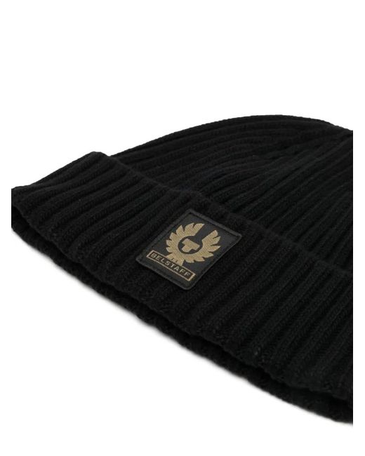 Belstaff Black Logo-Patch Ribbed Wool Beanie for men