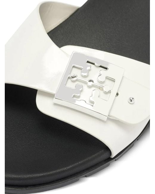 Tory Burch White Mellow Logo-Plaque Patent Sandals