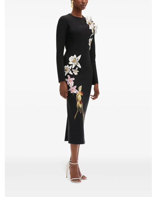 Oscar de la Renta Black Orchid Crystal-Threadwork Midi Dress