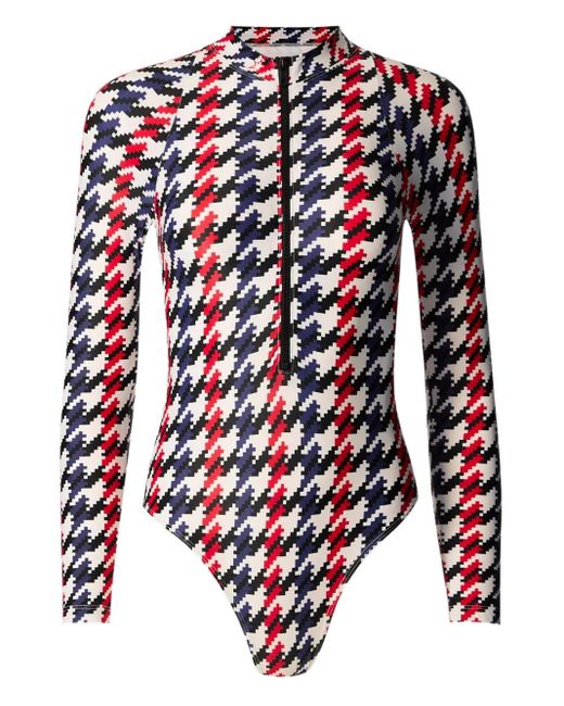 Perfect Moment Blue Houndstooth Long-Sleeve Half-Zip Swimsuit
