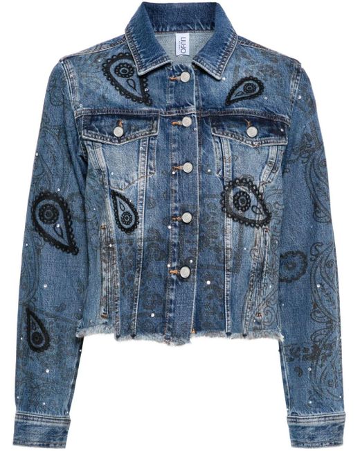 Liu Jo Blue Bandana-pattern Rhinestone Denim Jacket