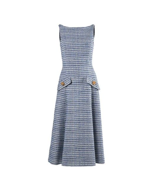 Carolina Herrera Blue Tweed-Effect Button-Detail A-Line Midi Dress