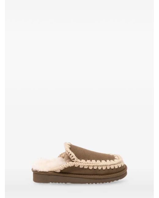 Mou Natural Eskimo Crochet-Trim Sheepskin Slippers