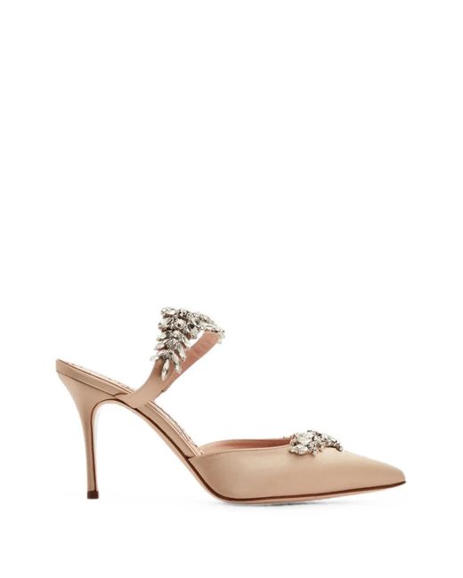 Manolo Blahnik White Mules Lurum En Satin À Ornements De Cristal