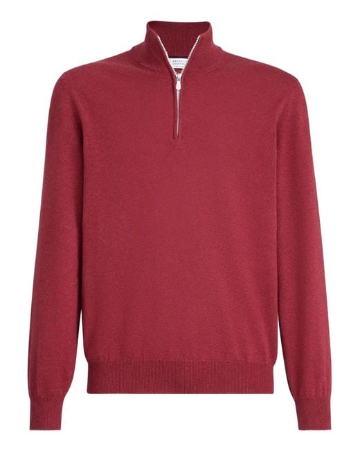 Brunello Cucinelli Red Cashmere Sweater With Half Zip for men