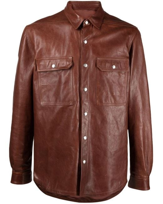 Rick Owens Long-sleeved Leather Shirt Jacket in Brown for Men | Lyst