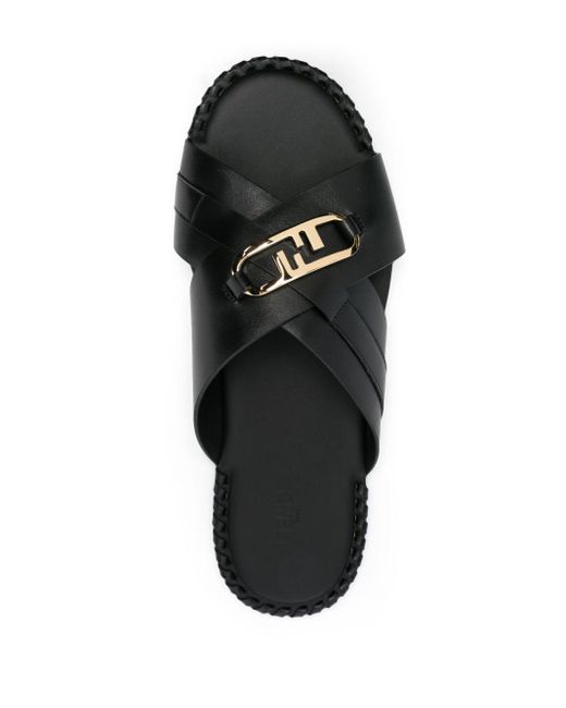 Fendi Black O'lock Leather Slides for men