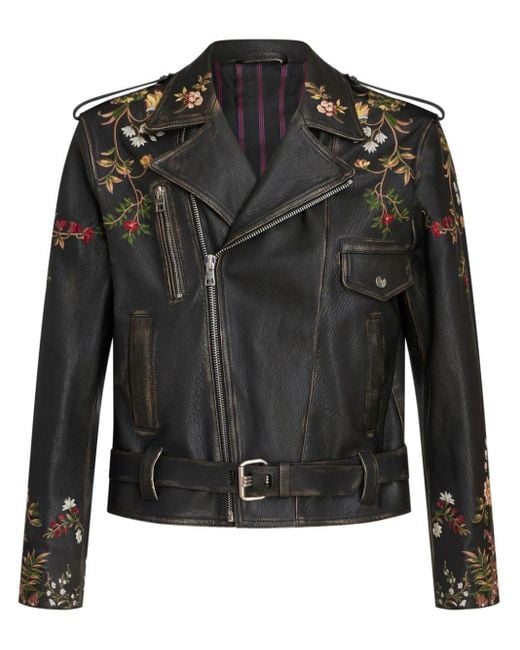 Etro Black Floral-embroidery Leather Biker Jacket for men