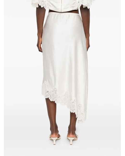 Sandro White Lace-Trim Asymmetric Midi Skirt