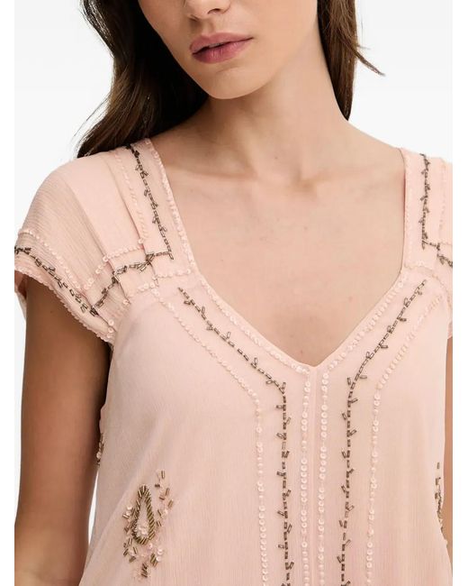 INTROPIA Pink Saty Beaded V-Neck Midi Dress