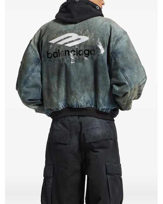 Balenciaga Blue Standard Logo-Print Faded-Wash Cotton Bomber Jacket
