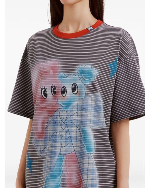 Mini Cream Gray Striped Graphic-Print Cotton T-Shirt