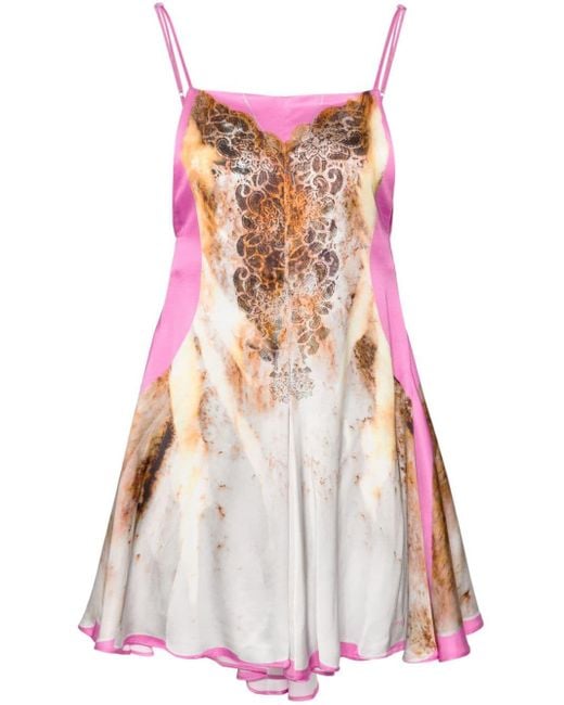 Y. Project Pink Lace Print Satin Dress