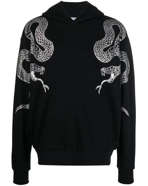 Philipp Plein Black Embellished Snake-Print Detail Hoodie for men