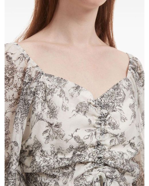 B+ AB White Ruched Floral-print Blouse