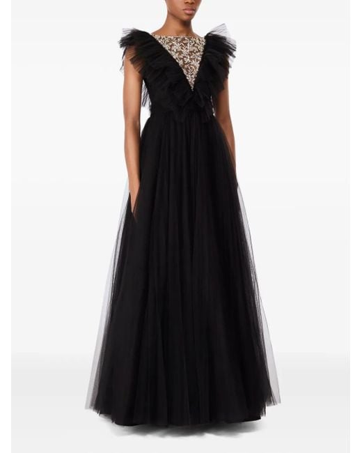 Jenny Packham Black Embellished Ruffled-Tulle Maxi Dress