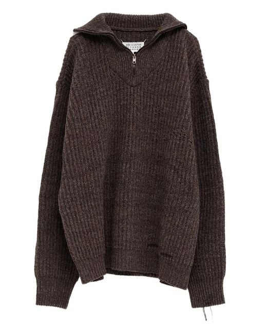 Maison Margiela Brown Ribbed-Knit Half-Zip Sweater for men